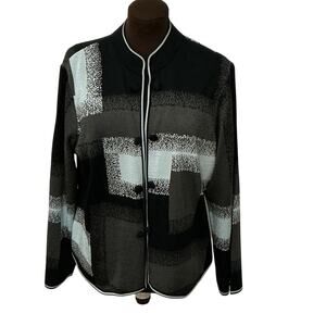Ming Wang Women’s Black Gray Blue Geometric Art to Wear Sweater Cardigan Size XL